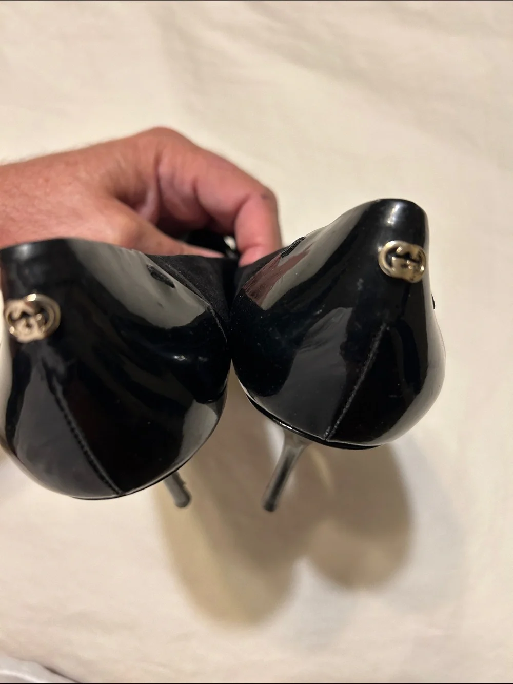 Gucci Black Patent & Suede Peep-Toe Heels
